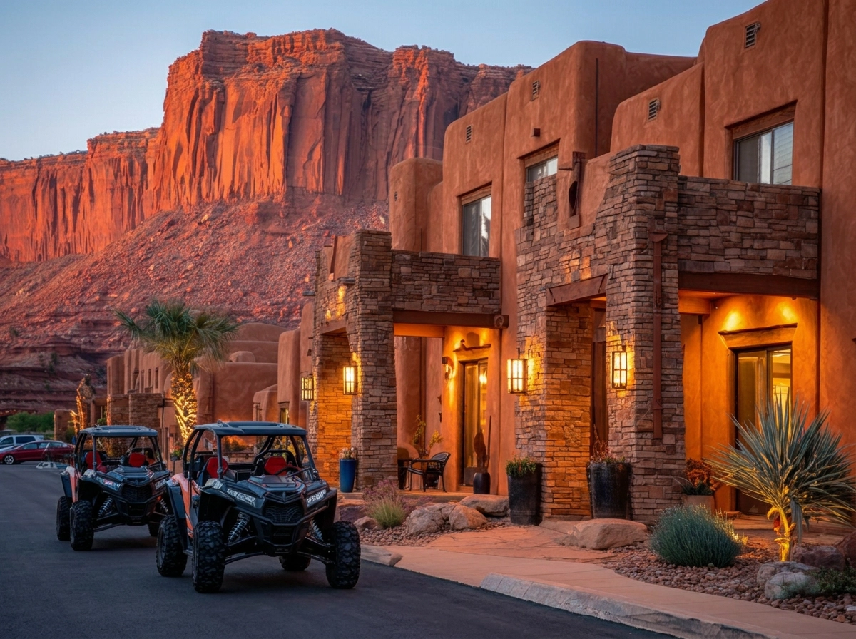 Camping under red rock at sunset