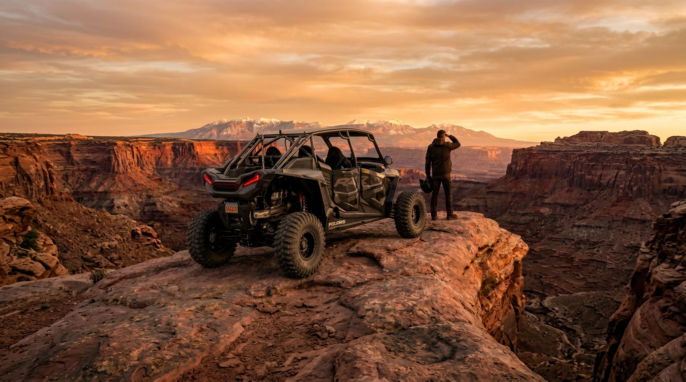 UTV on a slickrock fin at sunset